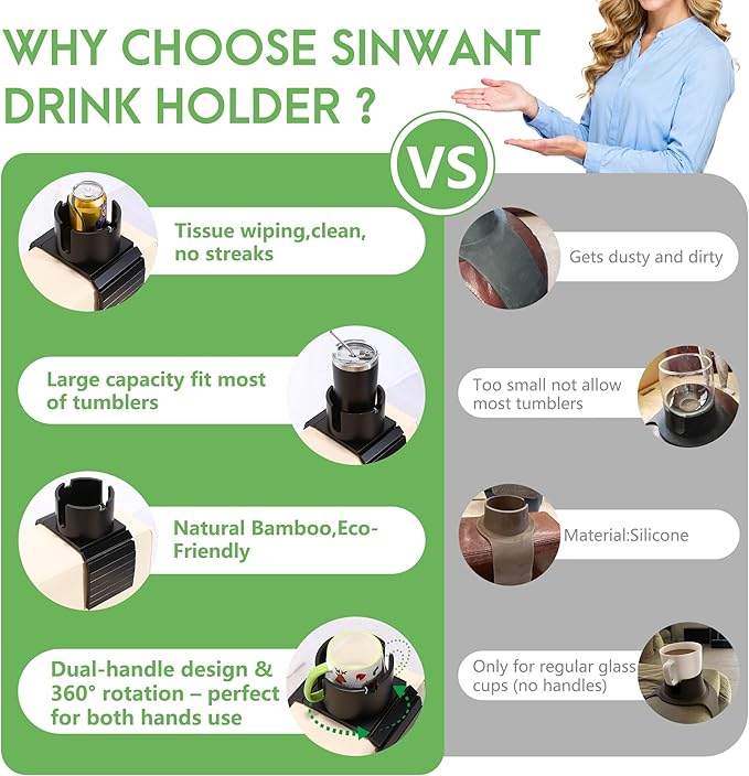 SINWANT Couch Cup Holder, 2 in 1 Bamboo Couch Drink Holder & Phone Stand,Foldable Anti-Slip Sofa Mug Holder for Coffee Mug,Bottles,Cans etc. on Square Soft Sofa RV Armrest