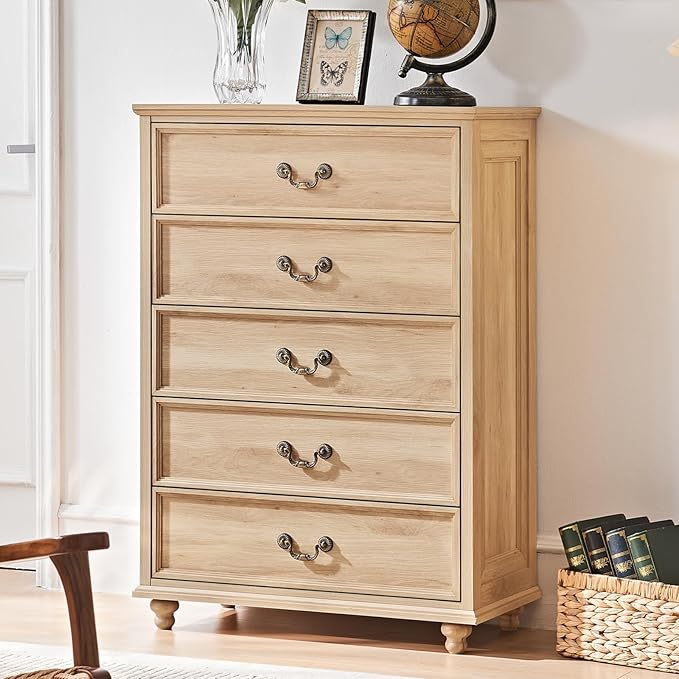 Farmhouse 5 Drawer Dresser for Bedroom, 45" Tall Vinatge Chests of Drawers w/ 4 Solid Gourd Feet, Mid Century Modern Boho Wood Closet Storage Dressers Organizer for Living Room, Natural Oak