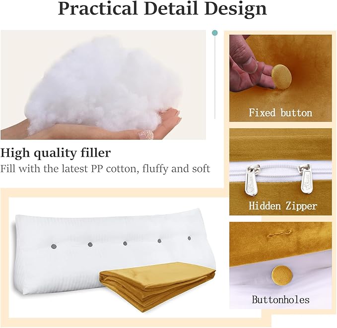 Headboard Wedge Pillow Large Bolster Reading Pillows for Sitting in Bed Adult， Velvet Triangular Cushion Backrest Lumbar Back Support Upholstered Daybed Sit Up Book Pillows（Yellow, Twin）