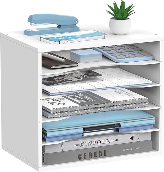 5-Tier Wood Desk Organizer, Paper Tray Organizer for Desk with Adjustable Storage Shelves, Desktop File Organization Paper Sorter Mail Holder for Office Home Classroom, White