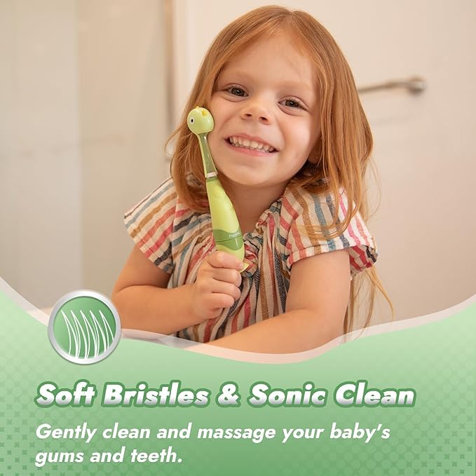 Papablic Toddler Sonic Electric Toothbrush for Ages 1-3 Years, Baby Electric Toothbrush with Cute Dino Cover and Smart LED Timer, 4 Brush Heads (Max)