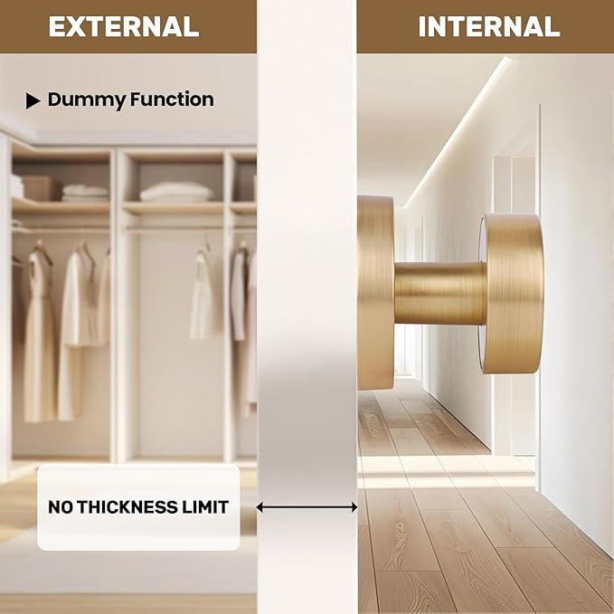 2 Pack Brushed Brass Dummy Door Knobs Interior, Satin Brass Door Knob Round Modern Gold Dummy Door Handle Interior for Hall Pantry Closets