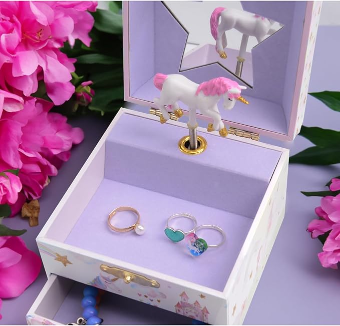 Jewelkeeper Jewelry Box for Girls with 1 Drawer - Unicorn Musical Jewelry Boxes, Beautiful Dreamer Tune, Spinning Unicorn Doll, Little Girl Jewelry Box, Gifts for 5 Year Old Girls, Engineered Wood