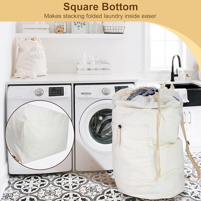 Laundry Bag Backpack, Canvas Laundry Bag with Straps & Drawstring Closure Washable Dirty Cloth Hamper Bag with Large Front Pocket for College, Travel, Laundromat, Camping (Beige, XX-Large)