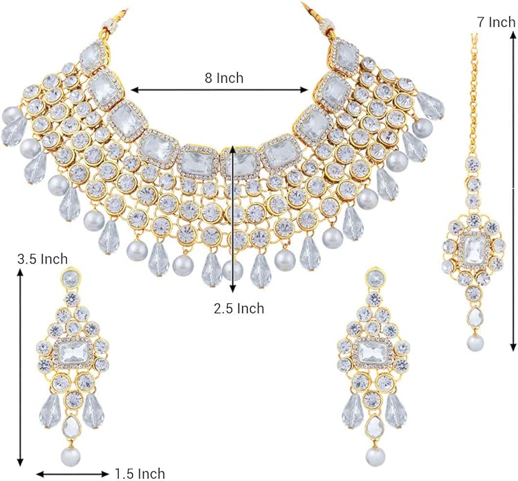 Aheli Kundan and Simulated Colored Stones Indian Ethnic Maang Tikka Necklace and Earrings Set Bollywood Festive Statement Jewelry Gift for Women