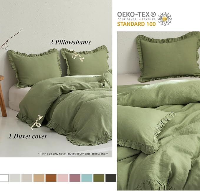 Simple&Opulence 100% Linen Duvet Cover Set, 3 PCS Natural French Flax Sage Green Ruffle Duvet Cover Full Size, Breathable Comfy Linen Bedding Comforter Cover with 2 Pillowcases (Sage Green, 78" X 86")