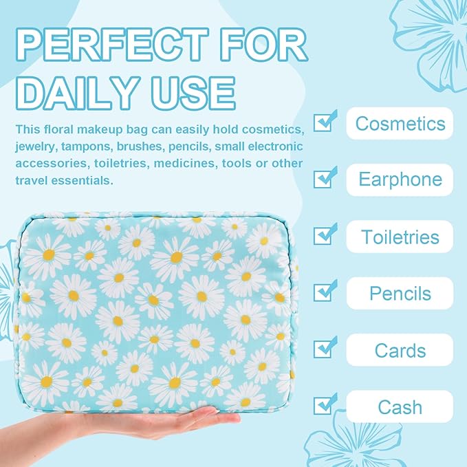 UIXIZQ Waterproof Large Floral Makeup Pouch,Nylon Travel Toiletry Storage Purse Preppy Cosmetic Bag for Women Girl,Large Capacity Makeup Organizer Zipper Pouch for Work(L Blue-Daisy)