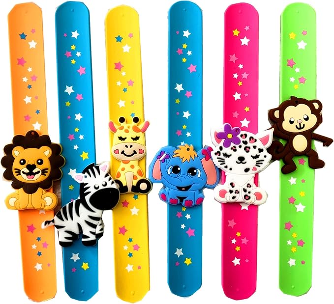 12PCS Forest Animal Theme Party Kids Slap Bracelets Silicone Wristbands and Rings