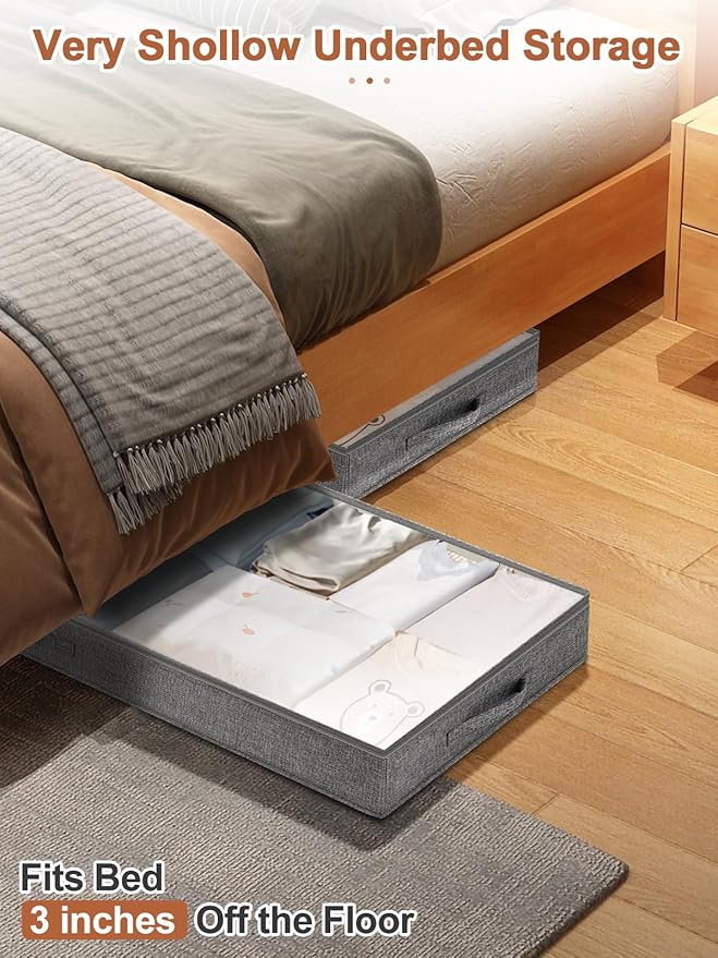 3 Inch Low Profile Under Bed Storage Bins with NO STURCTURE Design, Shallow Clothes Storage Bags with Clear Lids & Waterproof Fabric - Fits Under Sofa, Couch, Dorm, or College Beds，40x20x3inch，Grey