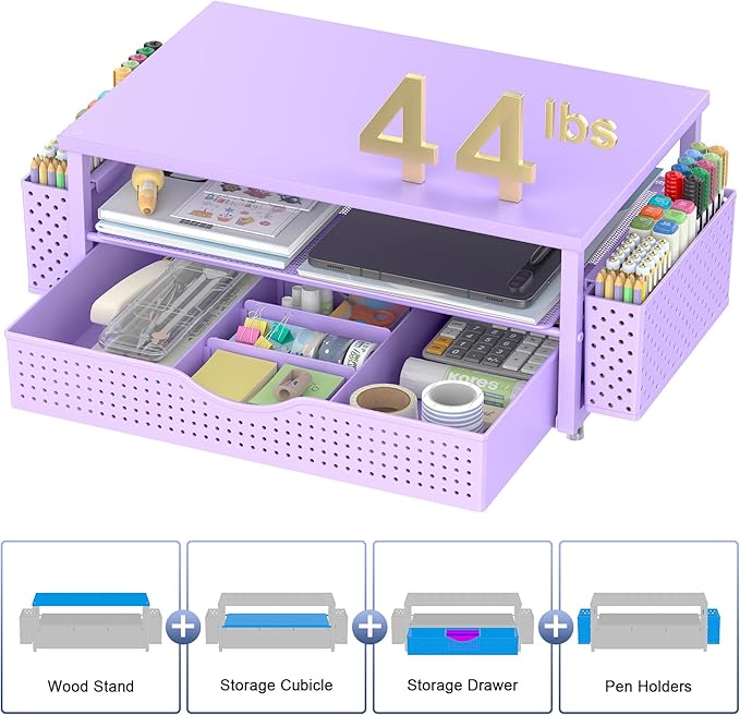 Spacrea Desk Organizer and Accessories, Computer Monitor Stand Riser with Drawer and 2 Pen Holders, Office Desk Accessories & Workspace Organizers for Office Supplies (Purple)