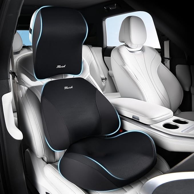 FLORICH Car Seat Cushion & Lumbar Support Pillow & Car Neck Pillow for Driver Car Office Chair, Ergonomic Memory Foam Car Cushion & Back Support Pillow for Sciatica Pain Relief - Black