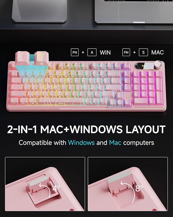 V102 Wired Keyboard, 98 Keys Creamy Gaming Keyboard with Number Pad, Display Screen & Media Knob RGB Silent Wired Cute Computer Keyboard for Laptop PC Gamer - Light Pink