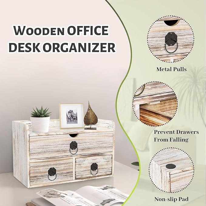 Wood Desk Organizer with Drawer, Vintage Brown Wooden Desktop Organizer, Tabletop Storage Organization Box for Countertop, Home Office Supplies (3 Drawer and Shelf)