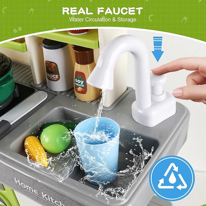 Kids Kitchen Playset, IRIMMY Kitchen Set for Toddler w/Realistic Cooking Light, Sounds, Steam, Sink, and Toy Kitchen Accessories, Pretend Kitchen Toys for Kids Girls Boys, Green