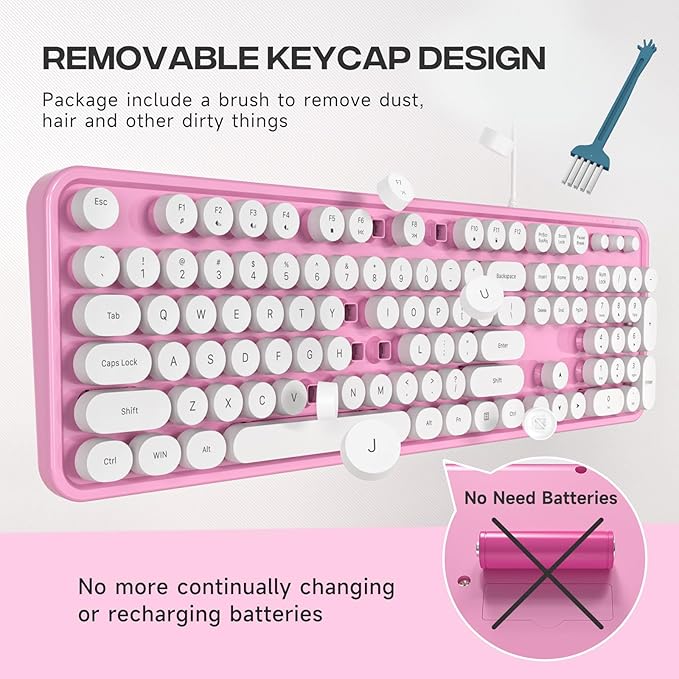 Computer Keyboard Wired, Plug and Play USB Retro Round Typewriter Keyboard, Full Size Wired Keyboard with Foldable Stands for Laptop and Office PC- Pink&White Colorful