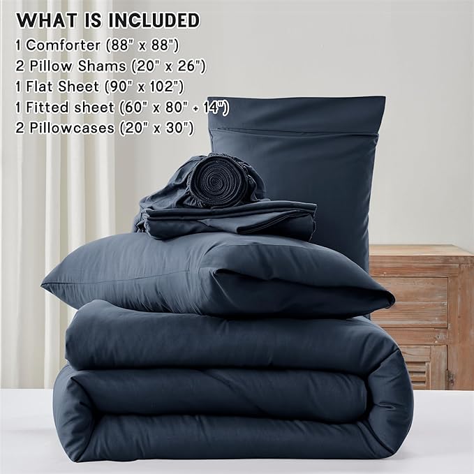 Anluoer Navy Blue Queen Comforter Set 7 Pieces, Bed in a Bag with Sheets, All Season Bedding Sets with 1 Comforter, 2 Pillow Shams, 2 Pillowcases, 1 Flat Sheet, 1 Fitted Sheet