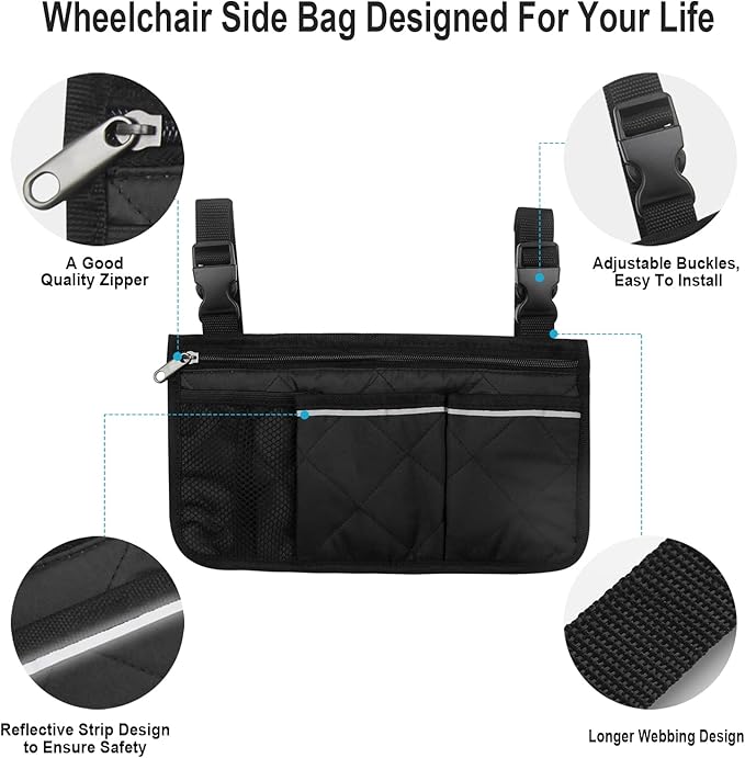 Wheelchair Side Bag, Armrest Storage Pouch with Cup Holder and Reflective Strip for Wheelchairs, Walkers or Rollators (Black)