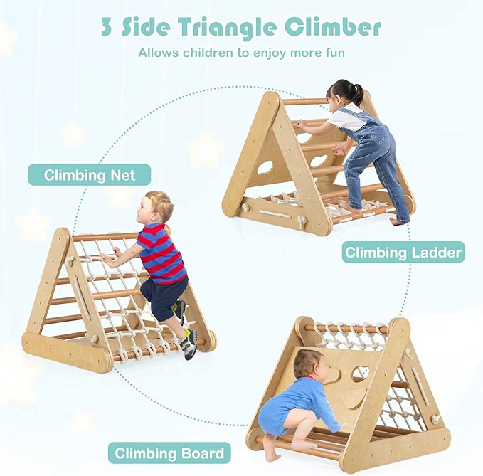 HONEY JOY 4-in-1 Triangle Climber with Ramp, 3-Side Kids Climbing Triangle Ladder with Net Rope & Bars, Wooden Montessori Climbing Toys for Toddlers Daycare, Gym & Playground, Gift for Boys Girls
