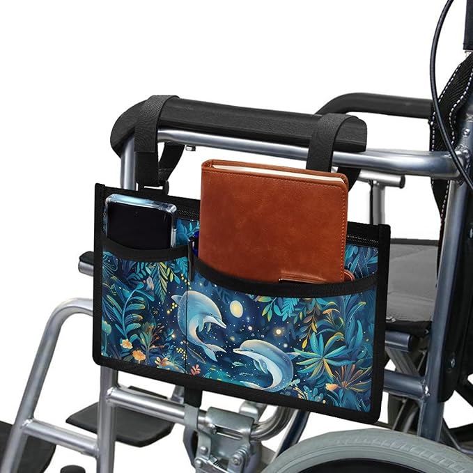 ZOUTAIRONG Blue Dolphin Wheelchair Bag wiht Cup Holder Wheelchair Side Bag for Adults Walker Bags and Pouches Wheelchair Bags to Hang on Side Power Wheelchair Accessories for Seniors Handicap