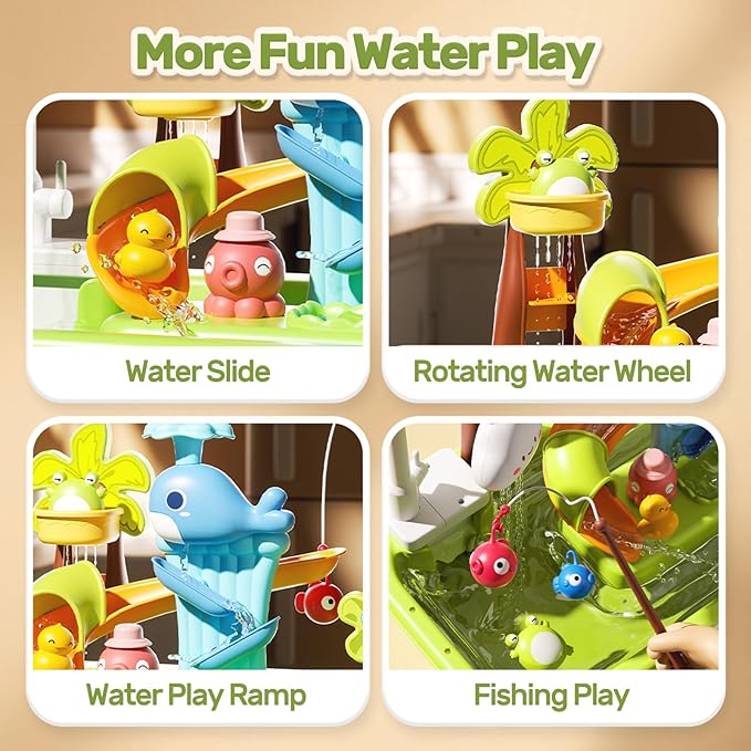 HOLYFUN Play Sink with Running Water, Kitchen Sink Toys with Upgraded Electric Faucet, Water Slide Track, Baby Dishwasher, Kids Fishing Toys, Role Play Sink Toy for Toddler Boys and Girls