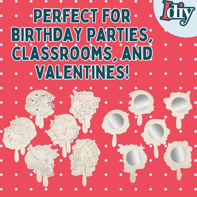 Idiy Paint Your Own Mirror Kids Party Craft Kits(12 Unicorn Friends Wood Mirrors w Paints)-Each Kit Has its Own Brush, Paint, & Project-Fun, Unique Birthday Favors, Classroom School Activity Gift
