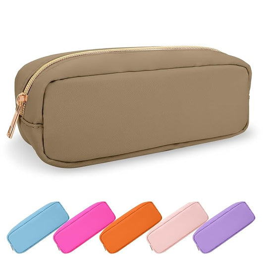 UIXIZQ Small Pencil Case Makeup Bag for Purse, Cute Pencil Pouch Preppy Nylon Makeup Brush Pouch with Zipper, Girls Portable Stationery Storage Case for Office School College(Slim-Khaki)