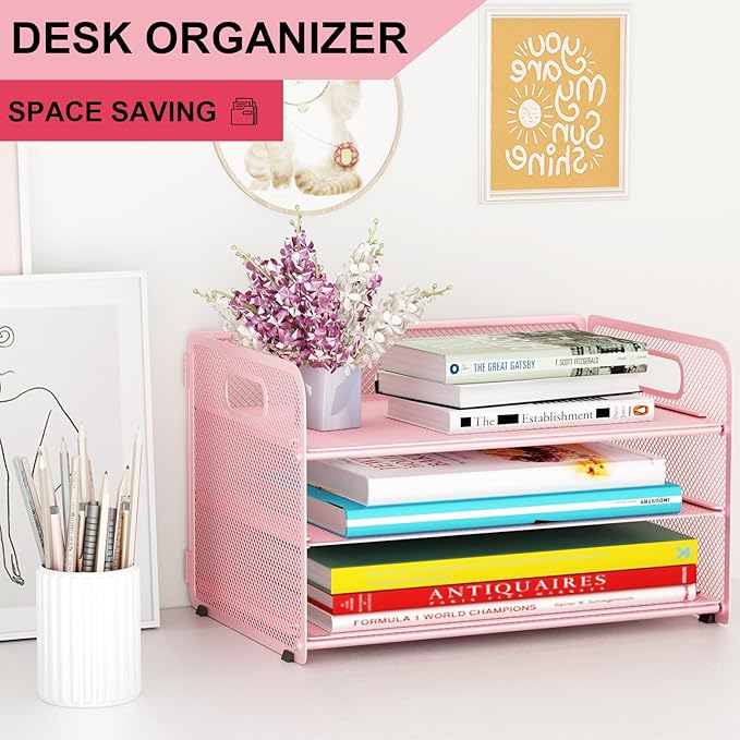 3 Tier Paper Letter Tray Organizer for Desk, Mesh File Folder Document Organizer with Handle for Home Office Supplies Desktop Accessories, Pink