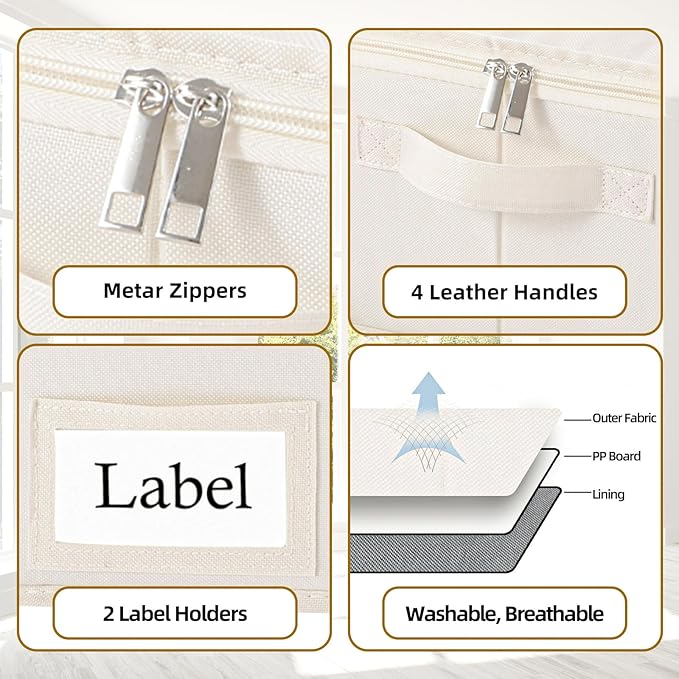 Yawinhe Underbed Bags, Storage Containers Bags with Lid, Foldable Blanket Bins, with Sturdy Zipper und Label Holders, for Clothing, 23.6''Lx11.8''Wx6''H, 4 Pack, Beige