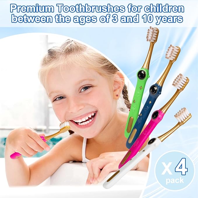 Kids Toothbrush - Pack of 4 Galactic Adventures Style, Toddler Toothbrush, Soft Bristles with Toothbrush Caps, Children Sized Brush Heads (3-10 Year Old), Girl & Boy Set