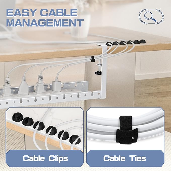 Shikha Under Desk Cable Tray, 15.7"-30.7" Retractable Under Desk Cable Management, No Drilling Cord Organizer with Clamp, Wire Management for Home Office -White