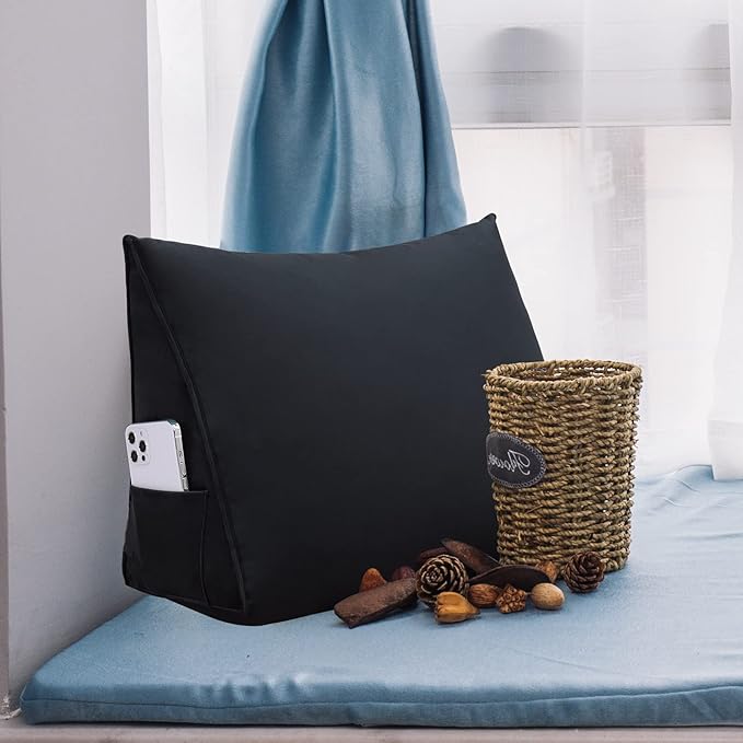 Bed Wedge Pillow for Headboard Small Bolster Pillow Reading Pillows for Sitting Up in Bed Adult, Triangular Backrest Cushion Book Pillows for Daybed Couch Support Upholstered Black