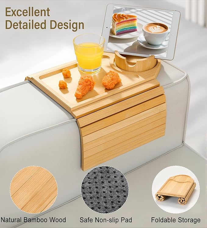 Couch Arm Tray, Bamboo Sofa Table for Couch, Sofa Arm Tray with Cup Holder, Non-Slip Armrest Organizer for Drink, Cup, Snack, Control, Easy to Clean, Natural