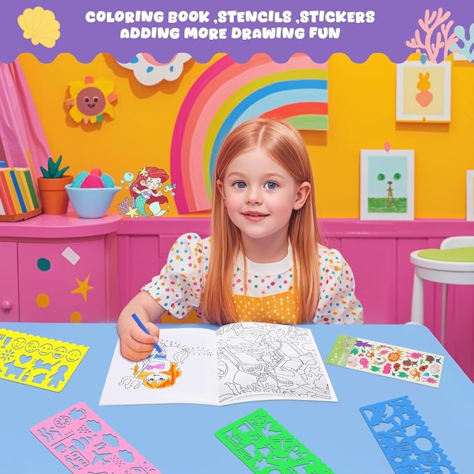 homicozy Art Supplies, Mermaid Drawing & Coloring Set with Crayons, Colored Pencils, Markers, Sketchbook, Watercolor Cakes, Stencils, Arts and Crafts Painting Kit for Kids Ages 4-10, Girls Boys Gift