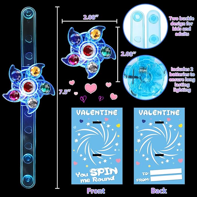25 Pack Valentines Day Gifts for Kids, LED Light Up Fidget Spinner Bracelets with Valentines Day Cards for Kids Classroom Exchange School Prizes Valentine Party Favors Gifts for Boys Girls 3 4 5 6 7+