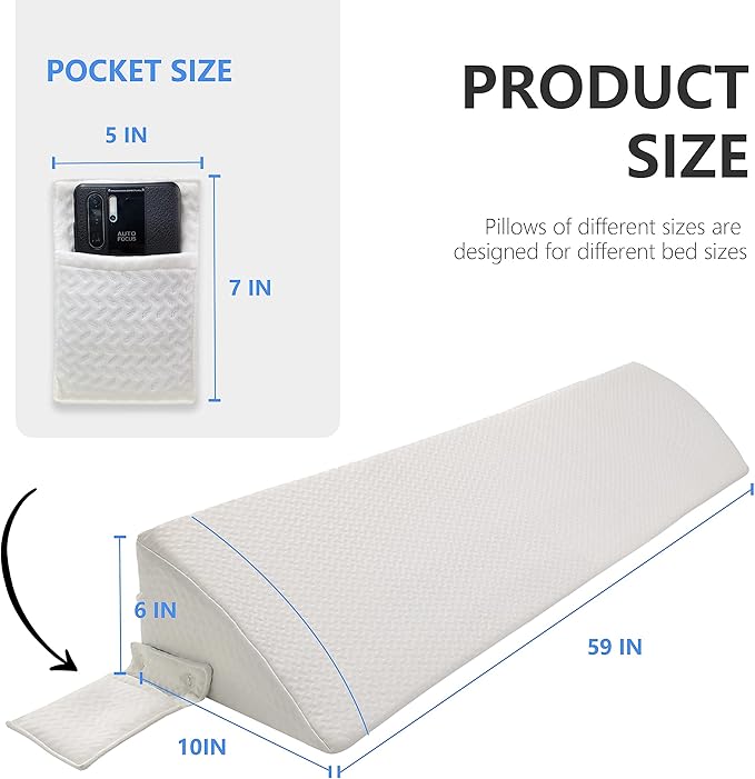 Bed Wedge Pillow for Headboard Gap Bed Mattress Gap Filler (0-8") Between Headboard/Wall and Mattress White Queen Size Foam Support Triangle Bloster Pillow Stoppers with 2 Pockets