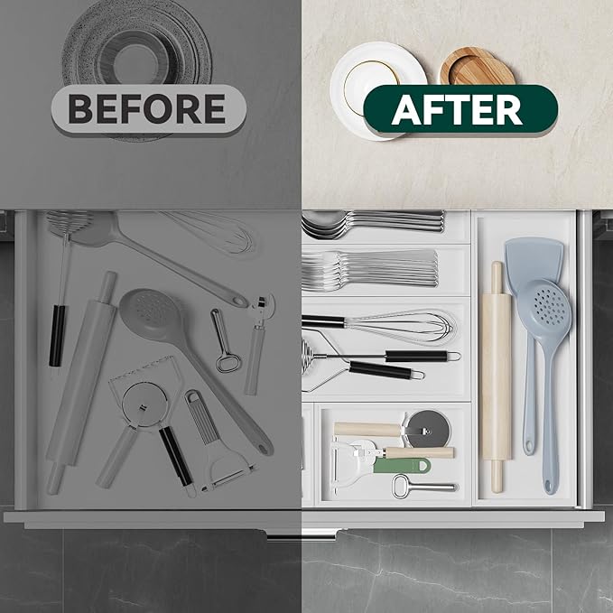 Lixple Bamboo Drawer Organizer, Cutlery Silverware Organizer for Kitchen Drawer, Stackable Utensil Organizer, 2 Pcs Flatware Organizer, Wooden Storage Box Tray (White, 9 X 6 X 2 Inch)