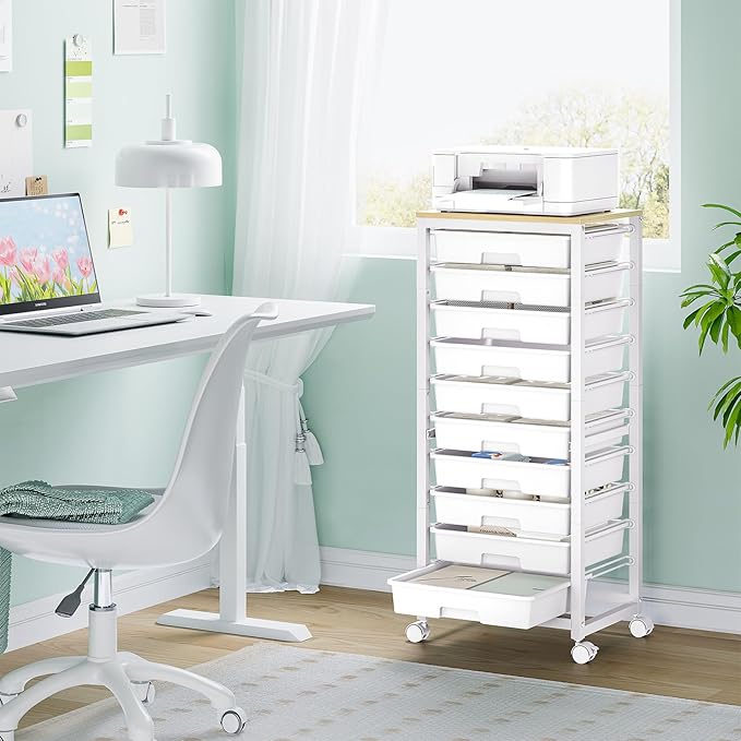 Rolling Cart with Drawers,10 Drawer Rolling Cart,Rolling storage cart with drawers,White Rolling Drawer Cart,Teacher Rolling Cart for Classroom Storage,Craft Cart with Wooden Tabletop