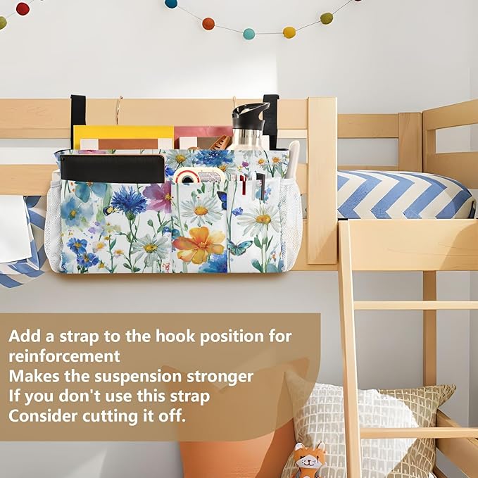 Watercolor Cornflower Daisy Bedside Caddy for Dorm Bed Bedside Hanging Caddy Bag Iron Frame Storage Organizer Pocket for Bunk Home College Hospital Beds 2 Hooks