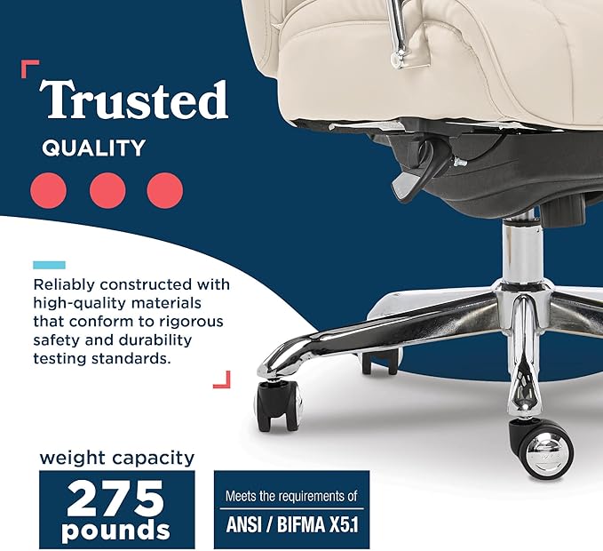 La-Z-Boy Sutherland Quilted Leather Executive Office Chair with Padded Arms, High Back Ergonomic Desk Chair with Lumbar Support, Ivory White Bonded Leather