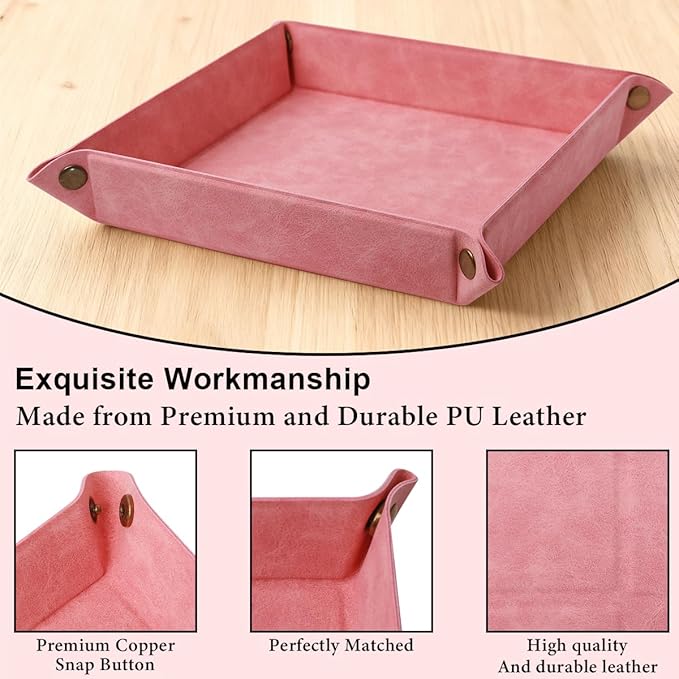 WAYIFON Valet Tray Desktop Storage Organizer – Premium PU Leather Catchall Bedside Vanity Tray Nightstand Caddy Holder for Remote Controller, Keys, Phone, Wallet, Coin, Jewelry,Pink