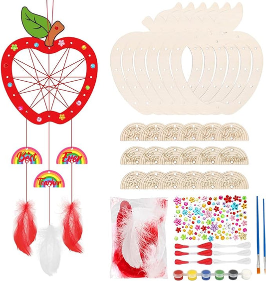 Fennoral 6 Pack Dream Catcher Craft Kit for Kids Paint You Own Apple with Rainbow Dreamcatcher DIY Coloring Wooden Art and Craft for Classroom Art Activity Teacher Appreciation Gifts