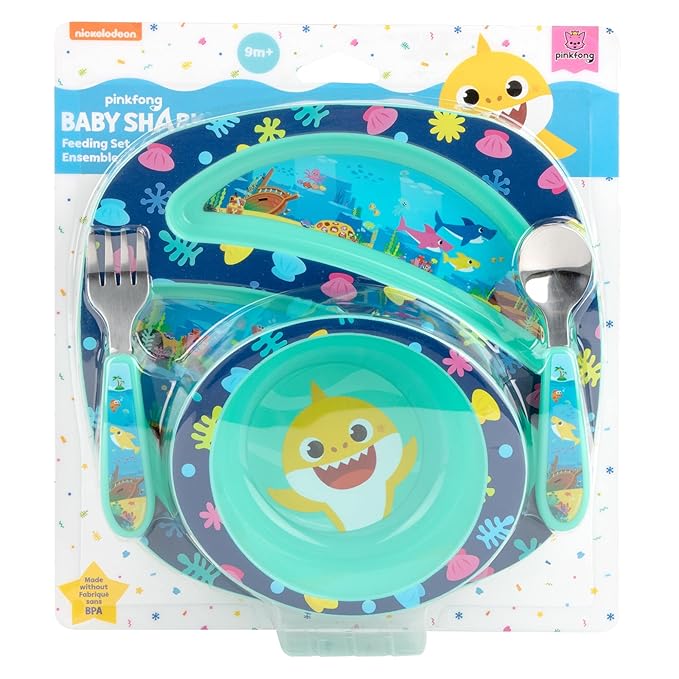 The First Years Baby Shark Dinnerware Set - Toddler Plates and Bowls Set - Includes 1 Toddler Plate, Toddler Bowl, and Toddler Fork and Spoon - 4 Count