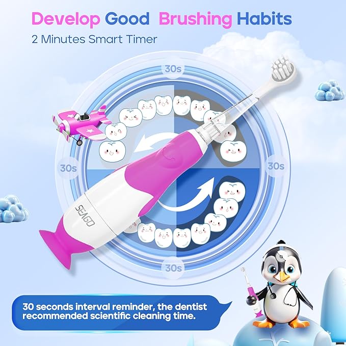 SEAGO Toddler Electric Toothbrushes for Baby Ages 0-3 Years, Baby Toothbrush with Smart Timer and Suction Base, 4 Replacement Brushheads (Purple-C)