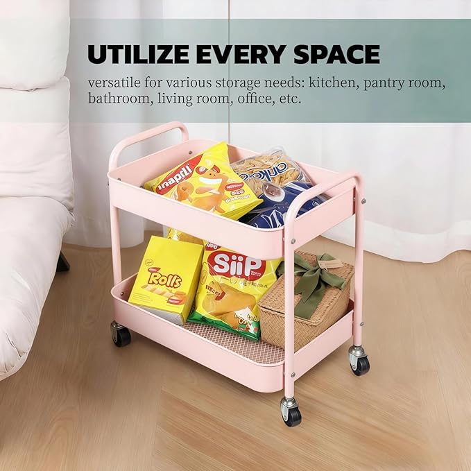 Ufriandz Pink 2 Tier Rolling Cart Metal with Wheels Under Desk Storage Cart for Small Space Organization, Small Trolley for Pantry Room Laundry Bathroom Kitchen Office Art Snack Baby Supplies