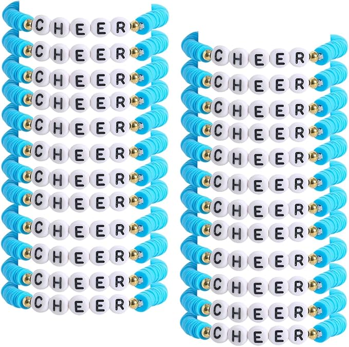 24 Pcs Cheerleader Gifts for Girls Handmade Friendship Bracelets for Teen Girls Stretch Cheer Bracelets Y2k Cheer Stuff Stackable Clay Bead Bracelets Bulk Teens Birthday Christmas Party Favors