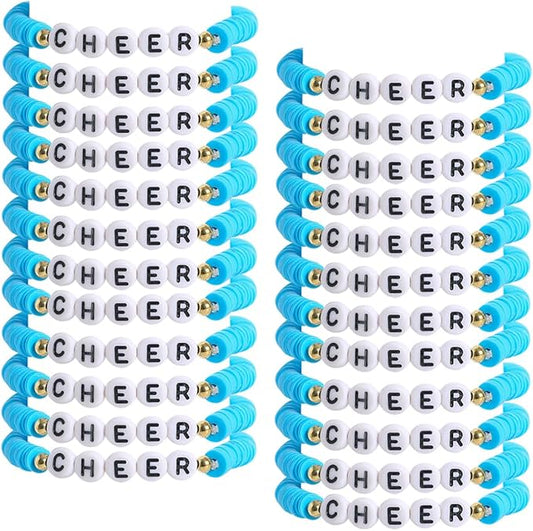 24 Pcs Cheerleader Gifts for Girls Handmade Friendship Bracelets for Teen Girls Stretch Cheer Bracelets Y2k Cheer Stuff Stackable Clay Bead Bracelets Bulk Teens Birthday Christmas Party Favors