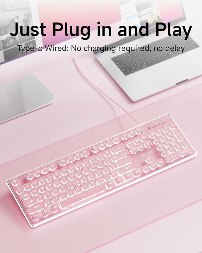 EWEADN GX710S Backlit Computer Keyboards, Wired USB Keyboard with White Backlit, Metal Panel, Plug and Play, Pudding Keycaps Full Size Quite Computer Keyboard for Win/PC/Laptop-Pink