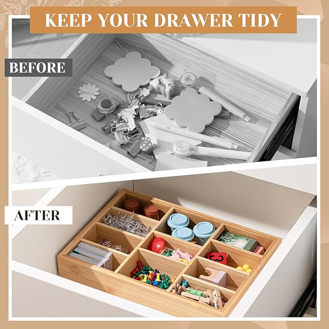 Weysat 2 Pcs Removable Bamboo Wood Desk Drawer Organizer with 8 Dividers 12"x8" Office Desk Organizer Tray Divider Drawer for Office Supplies Makeup Jewelry Vanity