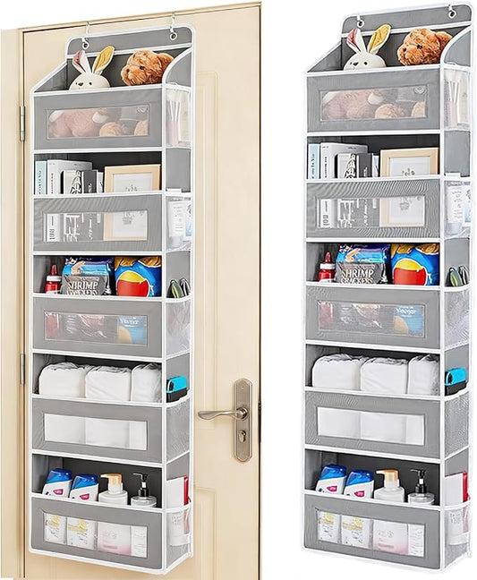 Over The Door Storage Organizer,Hanging Door Organizer with 5 Pockets Mesh Side Bag,Sturdy Hanging Shelves for Toys,Diaper,Nursery,Bedroom,Bathroom,15.7"×6.7"×57",Grey