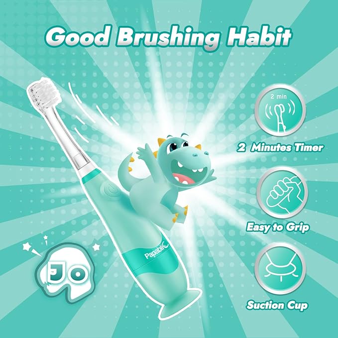 Papablic Toddler Sonic Electric Toothbrush for Ages 1-3 Years, Baby Electric Toothbrush with Cute Dino Cover and Smart LED Timer, 2 Brush Heads (Jo)